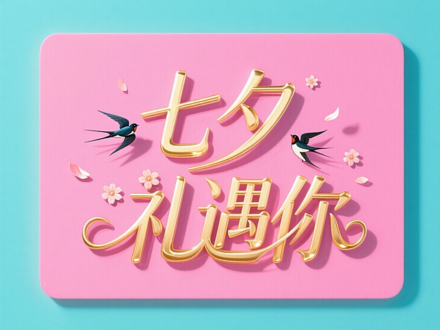 金色文字"七夕 "和“礼遇你”分成两行，中间对齐。创意字体设计点缀两只小喜鹊、飘落的花朵元素，线条流畅，高级感，粉色背景，明度高一点。

整体颜色感觉还是不够明亮，小问题，自己后期一下就ok了~