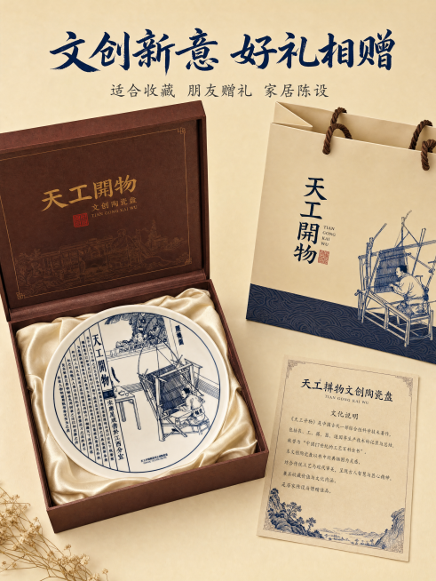[第7屏] 礼赠场景页-天工开物文创陶瓷盘送礼场景展示。
[氛围/风格] 国风礼赠氛围，雅致有格调，商业摄影质感。
[元素布局] 陶瓷盘放置在中式国风礼盒中，礼盒打开，旁边放置礼袋和文化说明卡，整体展预览效果