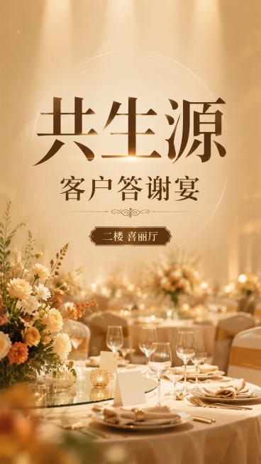 答谢宴活动宣传海报，写实商业摄影风格，整体色调温馨大气，光影柔和自然，层次清晰，版式精美。主标题："共生源"，副标题："客户答谢宴"，装饰文字："二楼 喜丽厅"。居中大标题设计，简约高级的宴会氛围背景预览效果