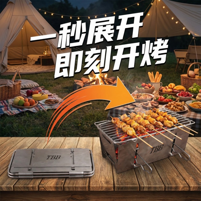 第一张图是折叠起来的烧烤炉，第二张图是打开的样式，结合这两张图做一张表达一秒打开，方便快捷烧烤宣传电商主图，背景可以是户外，可以搭配一些烧烤场景预览效果