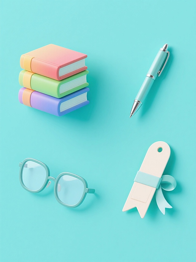 纯色背景，软3D风格插画，画面整体变换为清新明亮的蓝绿色调，展示同风格、同类目的4个完全不同元素内容的系列素材集合，呈规整网格排布。左上角为一叠色彩各异的精装书本，书脊与封面采用渐变色彩，边缘有轻微高光和阴影；右上角是一支带有简约笔帽的钢笔，笔身光滑圆润，有细腻的金属质感反光；左下角为一副半框眼镜，镜框线条流畅，镜片透明有轻微折射效果；右下角是一枚带有丝带装饰的纸质书签，书签边缘有弧度，丝带自然垂落。所有元素均保持统一的软3D质感，色彩和谐，光影柔和，整体设计简洁明快，信息传达清晰，适合作为教育或文具类主题的系列素材。