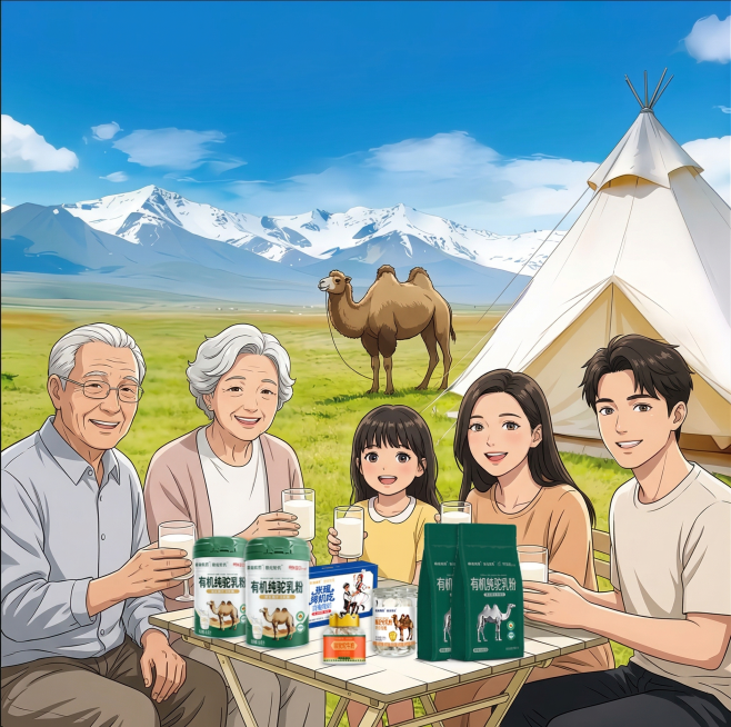 将图中所有人都转换为动画人物风格，保留原图整体场景构图、骆驼、帐篷、雪山草原背景和桌上产品不变预览效果