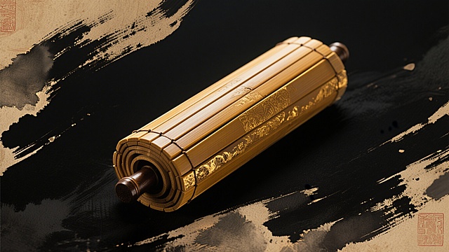 完整闭合的单卷暗金古风竹简，居于画面左侧，卷轴轴心清晰可见，深邃墨色纯色背景，暖金色侧光勾勒竹简边缘，庄严大气，国风史诗质感，无多余元素，4K