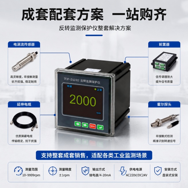 [主图-2] 反转监测保护仪核心卖点，展示整套配套方案
[氛围风格] 专业工业风，高信息密度清晰明了
[画质] 商业摄影质感，光线明快通透，产品清晰真实，画面干净高级，精细化处理
[元素] 保持反转监预览效果
