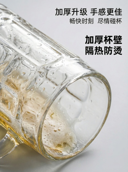 根据这张主图帮我生成一套电商详情图，要求更改背景，风格相同体现出来带把手更方便，加厚杯底防摔，加厚杯壁，330毫升黄金容量，背身高12CM开口7.5CM更方便预览效果