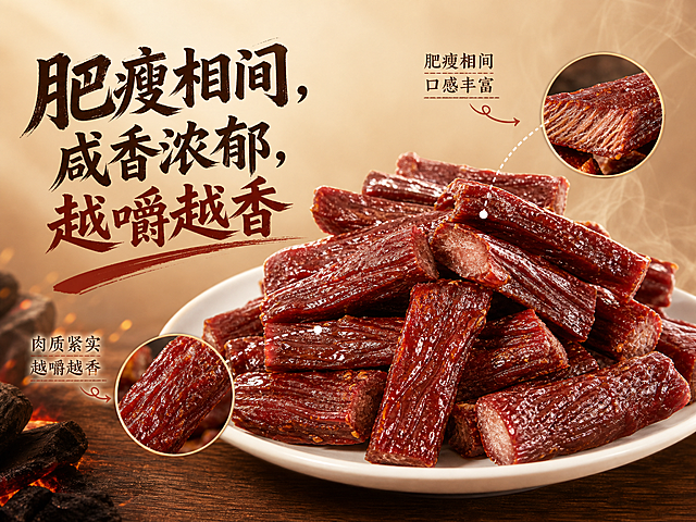 4:3比例抖音来客电商商品辅助图，信息图风格，暖调炭火美食风，干净高级背景，展示牛肉干并标注文字「肥瘦相间，咸香浓郁，越嚼越香」突出口感卖点，整体色调统一，无杂乱背景