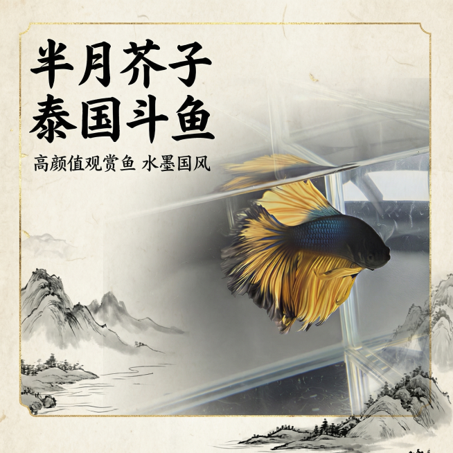 [主图 1] 泰国斗鱼半月芥子观赏鱼首图
[氛围风格] 中国风意境，真实摄影质感，雅致国风氛围。
[画面元素] 商业摄影质感，光线柔和通透，产品清晰真实，画面干净高级。泰国斗鱼半月芥子主体居中展示，保预览效果