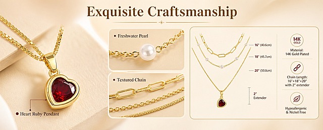 [商品] 使用【图1】金色三层叠戴项链；保留三层链条结构、金色材质、白色珍珠、红色心形宝石吊坠；真实结构比例。商品处理：微距增强金属纹理、宝石刻面、珍珠光泽和链条细节，不改变原有结构。
[画面] 目标：细节工艺与材质尺寸说明；构图：横版三栏布局，左侧吊坠微距特写，中部珍珠与链条细节（上下两小图），右侧尺寸标注与材质信息卡；主体占画面65%；背景暖米色浅渐变，细节图有柔和投影；阅读动线从左到右。
[视觉] 套系策略：风格=跨境极简高级珠宝商业摄影；标题字=优雅衬线粗体；正文字=简洁无衬线体；主色=暖米金；背景延展=基于暖米金做深浅渐变、同色系层次和细腻丝绸/纸张质感；强调色=酒红（呼应红宝石），仅用于小面积图标、引线和标签点缀；标题色=深棕金；正文色=暖灰棕；组件=圆角浅金信息卡、细金线引线、优雅分割线；光影=左前侧暖柔光，金属高光自然，宝石有内部火彩。
[文字] 顶部主标题"Exquisite Craftsmanship"；左图标注"Heart Ruby Pendant"，中上图"Freshwater Pearl"，中下图"Textured Chain"；右侧信息卡：Material: 14K Gold Plated、Chain Length: 16"+18"+20" with 2" extender、Hypoallergenic & Nickel Free；全部横排，不遮挡产品关键细节。
[规格] 图片比例1464:600横版，4K分辨率，避免变形、错字、文字过小、冷蓝背景、项链结构改变、宝石颜色偏差。