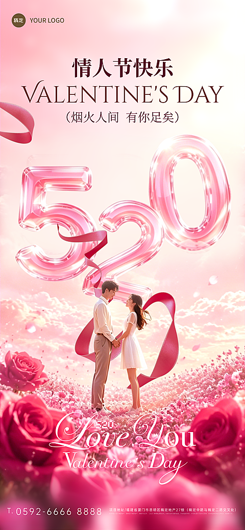 520情人节祝福粉色浪漫花海情侣全屏海报
