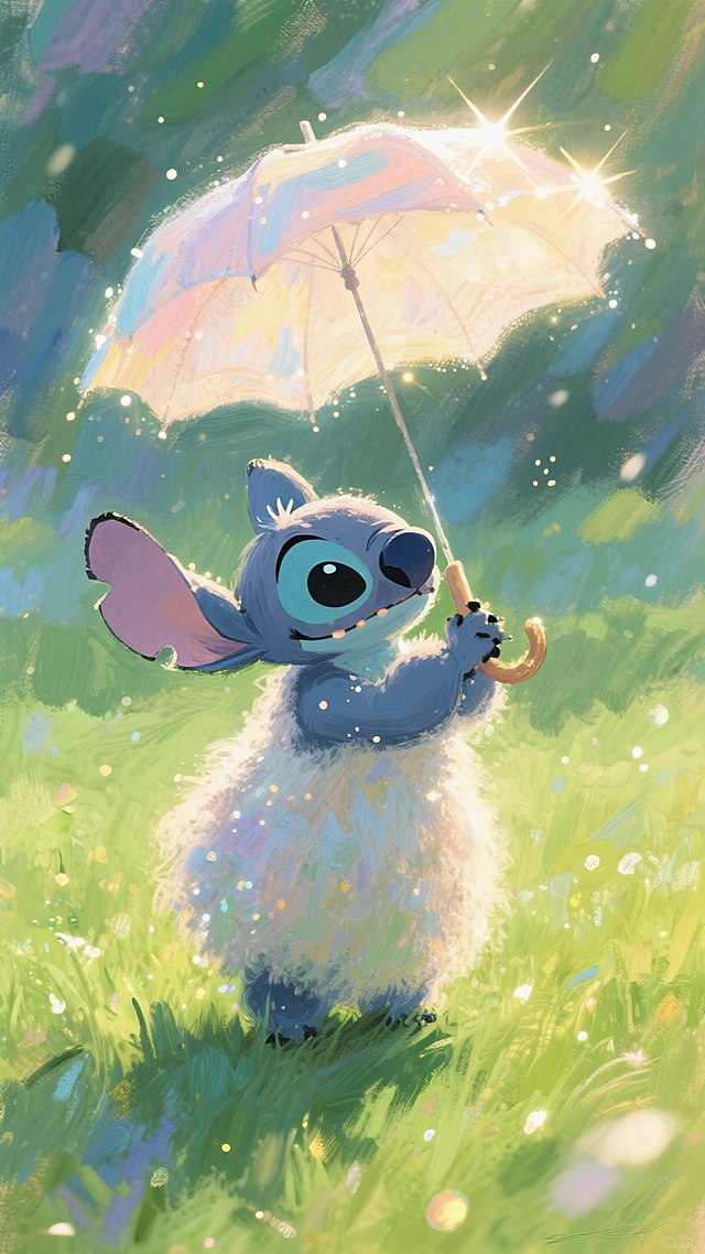 史迪奇手持彩虹伞，置身于星光闪烁的绿意中。