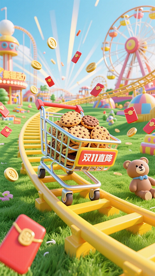 梦幻感软3D风卡通场景，购物车满载饼干疾驰于游乐园轨道，红包金币飞舞，萌趣熊伴行，双11促销氛围浓厚。