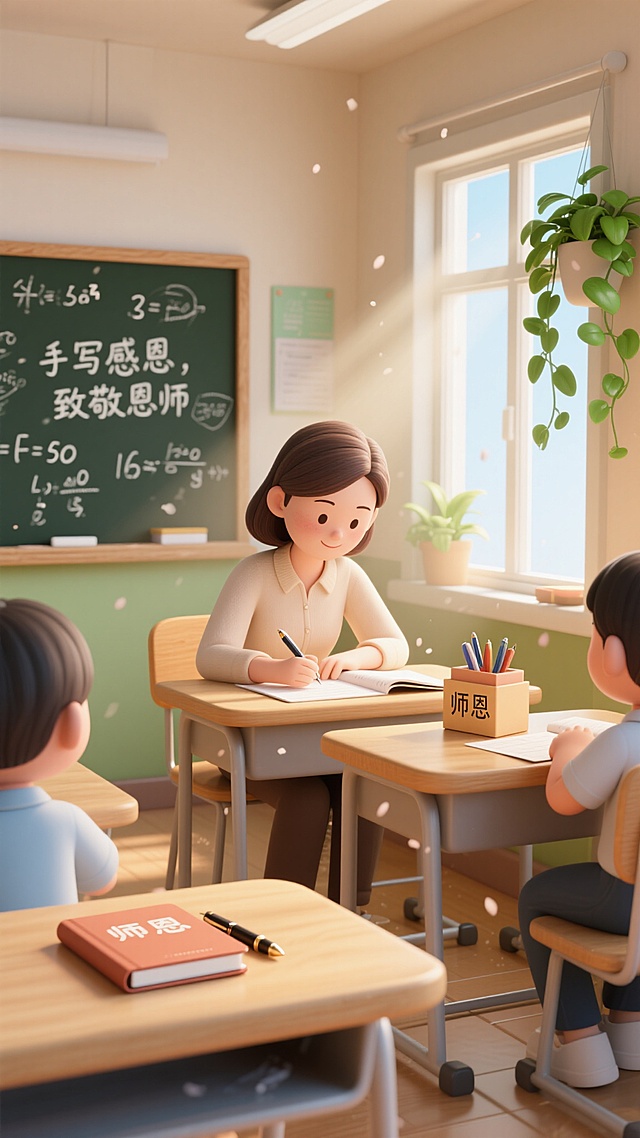 清新插画风教室，软3D简约设计，师生互动温馨，绿植点缀，舒适感十足。