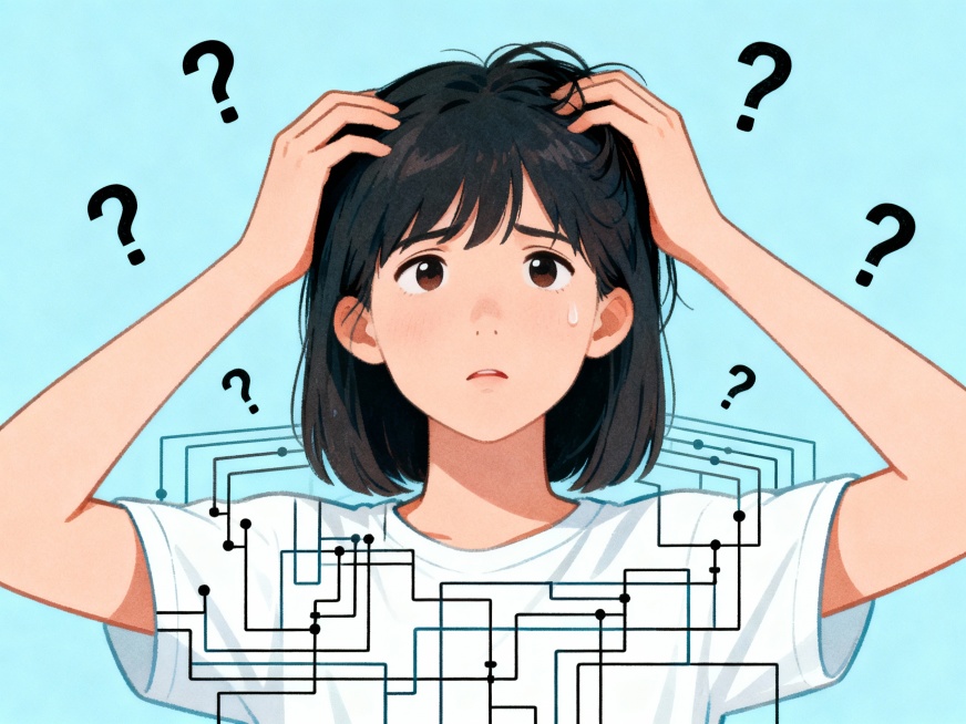 一个女孩抓着头发展开思考，她的表情困惑但专注，周围漂浮着多个“？”符号和复杂的电学电路图线条，背景简洁，突出主体人物和思考元素，整体画面传达出从机械抄写转向主动思考的关键转变，体现内心的挣扎与探索预览效果