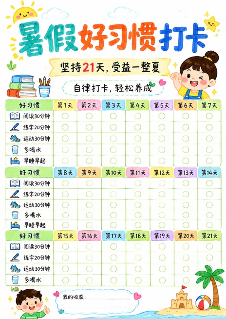 简笔画马克笔风格，主标题为暑假好习惯打卡，副标题为坚持21天，受益一整夏，装饰短句为自律打卡，轻松养成，尺寸比例适配210*297(A4)，保留打卡表格可填写区域，配色清新手绘风，使用马克笔笔触，线条预览效果
