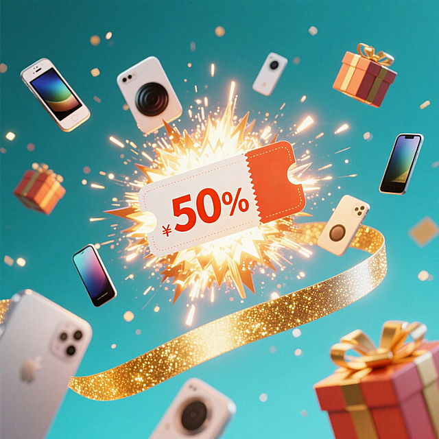 一张50%优惠券悬浮中央，爆炸效果，四周分布各类电子产品与礼盒，金色丝带贯穿画面，背景光效粒子流动感
