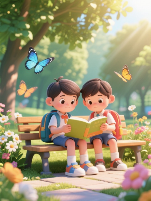 3D卡通风格的儿童看图写话素材，画面中有两个背着书包的小学生在公园长椅上看书，周围有盛开的花朵和飞翔的蝴蝶，阳光透过树叶洒下斑驳光影，整体色彩明亮柔和，充满童趣和学习氛围，不含文字预览效果