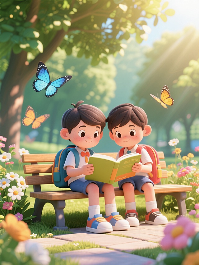 3D卡通风格的儿童看图写话素材，画面中有两个背着书包的小学生在公园长椅上看书，周围有盛开的花朵和飞翔的蝴蝶，阳光透过树叶洒下斑驳光影，整体色彩明亮柔和，充满童趣和学习氛围，不含文字