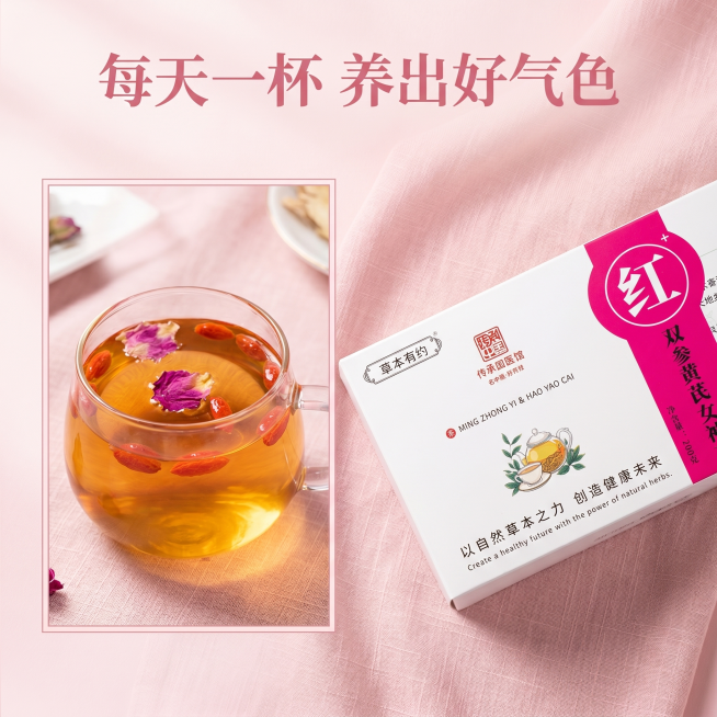 [主图 3] 双参黄芪女神茶养颜功效展示主图。[氛围风格] 雅致女神风，自然养生氛围；[画质] 商业摄影质感、光线柔和通透、产品清晰真实、画面干净高级。[元素] 产品包装盒放在画面右侧，占比约50%。预览效果