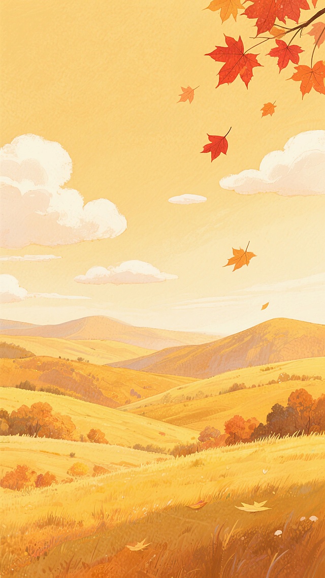 秋日风景插画，整体采用温暖明亮的橙黄色调，天空中飘着几朵蓬松的白云，地面是连绵起伏的金黄色山丘和草地，右上角有几片红色枫叶，空中有几片飘落的枫叶，营造出宁静、惬意的秋日氛围，画面风格为清新治愈的手绘水彩风，色彩过渡自然柔和，笔触细腻富有质感，构图开阔，给人一种心旷神怡的感觉。