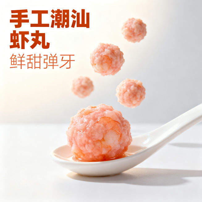 [主图 3] 潮汕虾丸产品主图。[氛围风格] 现代极简风，灵动清新，整体风格光影配色和前两张主图保持完全统一，极具食欲感。[画质] 商业摄影质感，光线柔和通透，产品清晰真实，画面干净高级，超高清。[元预览效果