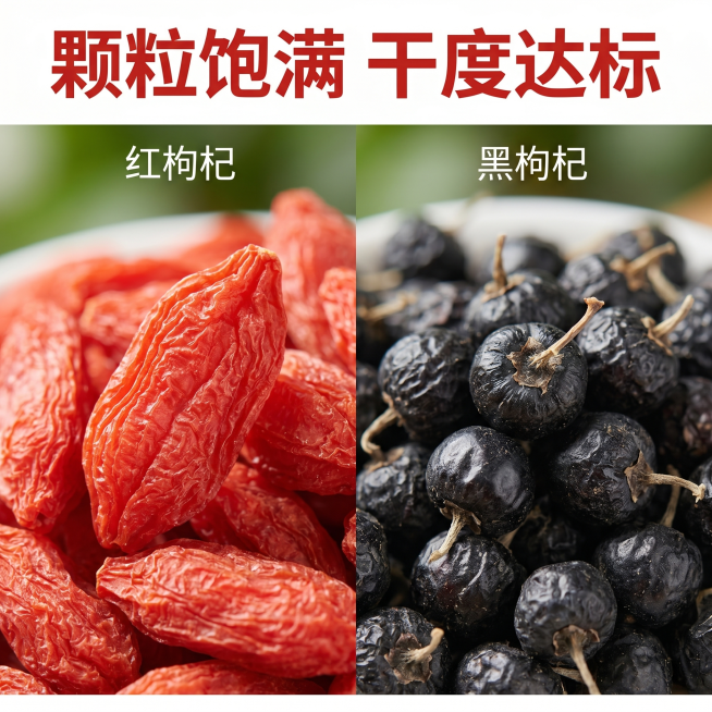 [主图-4] 红黑枸杞颗粒细节特写主图。
[氛围风格] 微距质感，突出颗粒新鲜饱满的状态，放大食欲感；
[画质] 商业摄影质感、光线柔和通透、产品清晰真实、画面干净高级。
[元素] 画面被红枸杞和黑枸预览效果