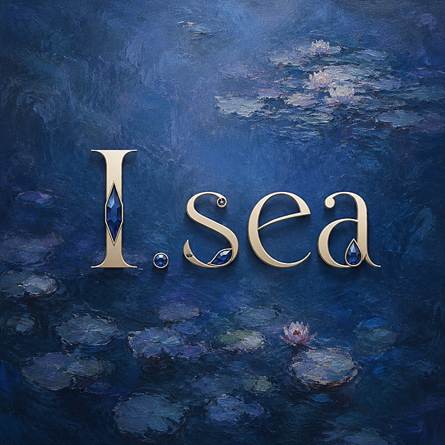 莫奈风格深蓝色调睡莲油画背景，图文组合logo设计，四个字"I.sea"创意字体设计，文艺复兴复古美学，极简现代高端精致，字体带有古典优雅的复古弧度，笔画转角圆润处理，部分笔画替换为红蓝宝石切面装饰图形，呼应彩宝首饰品类，背景带有柔和朦胧的油画印象派笔触，整体干净简约，高端品牌logo，文字整体必须完整呈现在画面内不可被裁切，四周留有安全边距。仅包含四个字："I"、"."、"s"、"ea"，不得增加、遗漏或替换任何一个字。比例1:1