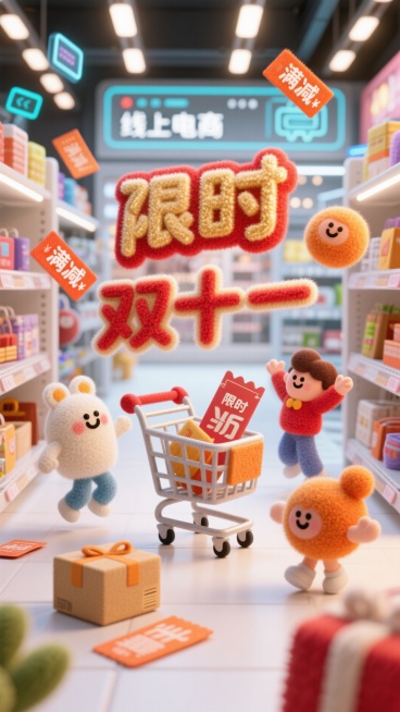 画面中有代表购物的卡通元素，如购物车、优惠券、包裹，还有可爱的拟人化电商平台形象（或卡通购物小人），它们围绕着 “双十一” 相关的促销标识互动。设定在热闹的线上电商界面或线下商场场景，背景有闪烁的促销预览效果