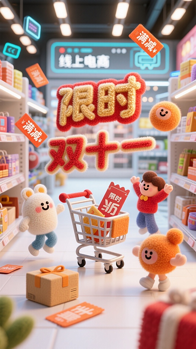 画面中有代表购物的卡通元素，如购物车、优惠券、包裹，还有可爱的拟人化电商平台形象（或卡通购物小人），它们围绕着 “双十一” 相关的促销标识互动。设定在热闹的线上电商界面或线下商场场景，背景有闪烁的促销灯光、满是商品的货架或代表网络的科技感元素，营造出双十一购物狂欢的氛围。风格3D 卡通渲染风格，画面活泼、富有活力，结合电商促销的热闹感与卡通的可爱感。色彩以红色、金色、橙色等喜庆、醒目的色调为主，搭配白色等亮色，体现双十一促销的热烈氛围。构图视角：采用平视视角，将核心促销元素与购物卡通元素置于画面中心。细节补充：有飞舞的优惠券、闪烁的 “限时折扣”“满减” 等文字光效，商品和购物元素带有动态感，仿佛在欢快地参与购物狂欢。