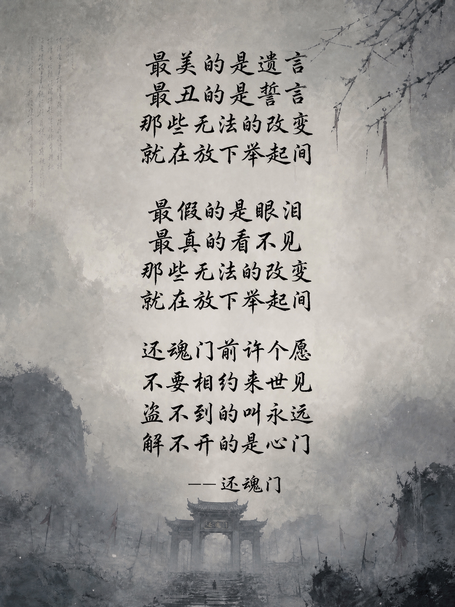基于参考图修改：保持浅灰色调朦胧悲凉的古风背景、还魂门牌坊和枯… - 图片创意预览