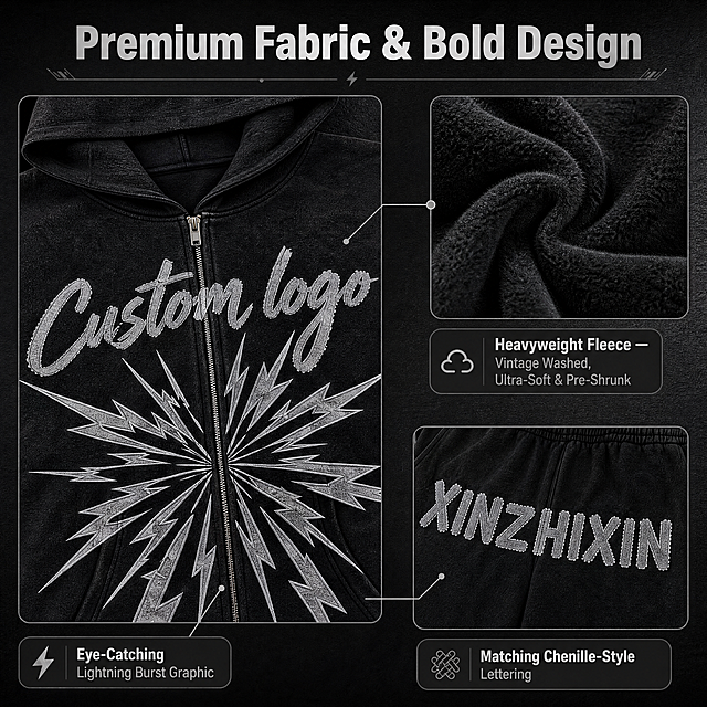 [商品] 使用【图1】黑色复古水洗重磅抓绒两件套；保留闪电放射图案、Custom logo字样、XINZHIXIN字母印花、做旧水洗黑色、重磅抓绒面料、连帽拉链结构、束脚裤型；重点增强面料抓绒纹理、水洗做旧肌理、印花边缘质感，自然去皱理顺，不改变版型和颜色。
[画面] 目标：第2张设计与面料解析，展示重磅抓绒质感、复古水洗工艺与闪电印花设计细节。构图：左侧为卫衣胸部闪电图案区域放大特写（占画面约45%），右侧上方为面料抓绒纹理微距特写，右侧下方为裤腿字母印花细节；三部分通过细线引线连接，形成面料+图案+字母的细节解析布局；背景为深灰黑色织物纹理底，带柔和光影层次。
[视觉] 套系策略：风格=跨境极简高级商业摄影，复古街头潮流调性；标题字=现代无衬线粗体，字重Bold；正文字=简洁无衬线体，字重Regular；主色=炭黑/深灰黑；背景延展=基于炭黑做深浅层级渐变、同色系水泥/织物纹理、低饱和明暗对比；强调色=银灰色，仅用于小面积图标、引线和装饰线条；标题色=银灰白色；正文色=浅灰色；组件=细线引线、圆角深色半透明信息卡、极简几何装饰线；光影=左前侧暖柔光+右侧冷调轮廓光，突出面料质感与立体层次。
[文字] 顶部居中放置主标题，三个细节区域旁分别配短卖点说明，文字均横向排版。主标题："Premium Fabric & Bold Design"；细节1（面料）："Heavyweight Fleece — Vintage Washed, Ultra-Soft & Pre-Shrunk"；细节2（图案）："Eye-Catching Lightning Burst Graphic"；细节3（字母）："Matching Chenille-Style Lettering"；文字清晰可读，不遮挡关键细节。
[规格] 图片比例1:1方图，4K分辨率，负向提示：避免变形、错字、文字过小、纯白底、面料质感丢失、印花模糊、颜色偏差、过度锐化、结构错乱。