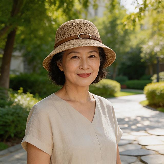 一位气质温和的50岁左右亚洲中年妈妈，妆容淡雅，面带微笑，戴着这款卡其色草编渔夫帽（款式、皮质金属扣带细节与原图完全一致），站在夏日洒满阳光的小区花园里，背景是绿树和步道，姿态自然放松，呈现日常出门的真实效果，画面明亮温馨