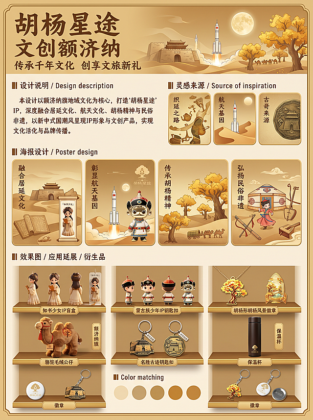 A4尺寸（3:4比例）文创展板设计，严格按图1的排版结构布局：顶部大标题区（主标题“胡杨星途 文创额济纳”，副标题“传承千年文化 创享文旅新礼”），其下为精炼设计说明（80字）：“本设计以额济纳旗地域文化为核心，打造‘胡杨星途’IP，深度融合居延文化、航天文化、胡杨精神与民俗非遗，以新中式国潮风呈现IP形象与文创产品，实现文化活化与品牌传播。” 中部四大文化模块区（融合居延文化 / 彰显航天基因 / 传承胡杨精神 / 弘扬民俗非遗），每模块配对应图文；底部展示全部文创实物：知书少女IP盲盒、蒙古族少年IP钥匙扣、胡杨树形徽章、火箭形胡杨风景徽章、骆驼毛绒公仔、名胜古迹钥匙扣、保温杯、徽章。整体暖金色调，新中式国潮风格，所有产品100%还原图2中实物外观、LOGO、文字与结构，文字不遮挡产品，版式精美清晰。