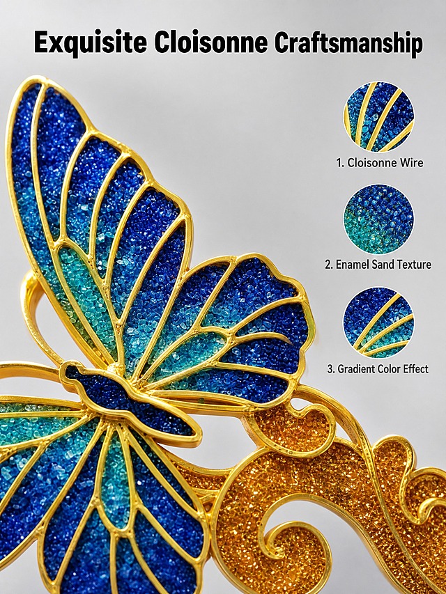 [主图-2] 细节材质展示，蝴蝶款掐丝珐琅发簪工艺特写。
[统一基调] 跨境电商干净克制风格，浅灰色渐变背景，英文标题，无多余装饰。
[画面] 蝴蝶发簪蝶翼部分超近景微距特写，占画面主体60%。清晰展示金色掐丝线条的流畅边缘、蓝色彩砂颗粒的细腻质感、蓝青渐变色彩过渡、金沙闪粉效果。画面右侧配3个圆形细节放大图标注：1. Cloisonne Wire 2. Enamel Sand Texture 3. Gradient Color Effect。顶部大标题"Exquisite Cloisonne Craftsmanship"。
[光影质感] 微距摄影质感，侧光突出彩砂颗粒立体感，金属掐丝有锐利高光，纹理清晰可见，景深自然。
[配色] 浅灰背景，金蓝产品本色，黑色标题文字，深灰辅助文字。
[文字版式] 顶部大号粗体无衬线英文字体标题，右侧圆形放大图标注文字为小号无衬线字体，文字放在负空间不遮挡主体。
[输出要求] 3:4竖版比例，细节清晰锐利，英文文字准确无错字。负向：中文、错字、模糊、变形、水印、杂乱、人物面部、平台Logo。