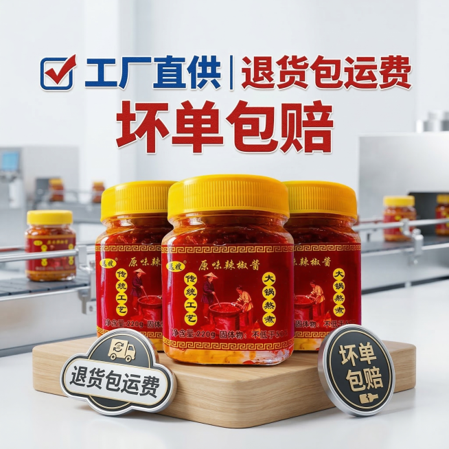 产品垫图，简约工厂流水线场景，三瓶原味辣椒酱摆放在前景，搭配"退货包运费""坏单包赔"标识，背景简洁干净。放置醒目加粗蓝红色文案"✅ 工厂直供｜退货包运费 坏单包赔"，字体醒目加粗，文案直接悬浮在背景预览效果