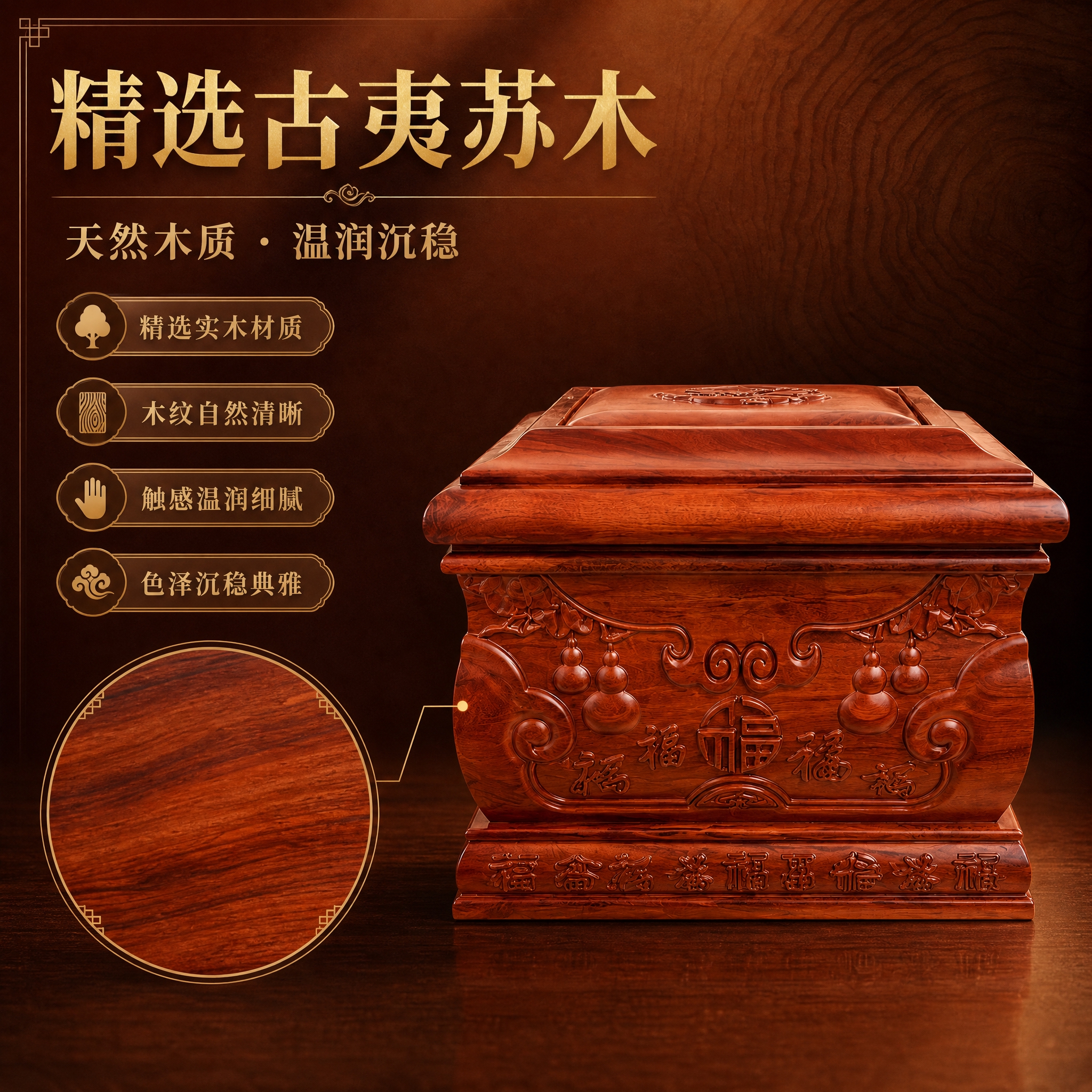 [主图-2 800×800] 核心亮点，主题：精选古夷苏木材质… - 图片创意预览