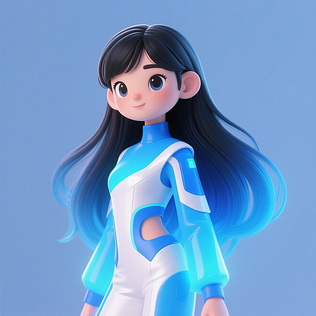 未来感3D角色，蓝白相间的服饰设计，展现科技与时尚的完美融合