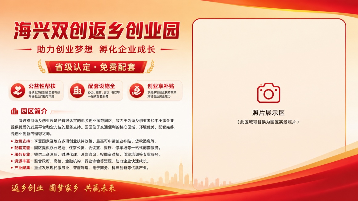 「图片1」「图片1」海兴双创返乡创业园简介

海兴双创返乡创业园是经海兴县人力和社会资源保障局、海兴县财政局、海兴县就业局批准的首家创业园区。海兴双创返乡创业园位于海兴县经济开发区（高速公路出口东行5预览效果