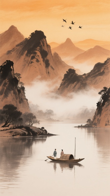 中国水墨画风格，整体色调变换为温暖的赭石色与橙黄色调，群山连绵起伏，山间云雾缭绕，呈现出朦胧诗意的氛围，水面平静如镜，一叶扁舟载着两人泛于江上，天空中有几只飞鸟掠过，笔触苍劲有力，墨色浓淡相宜，留白恰到好处，营造出宁静悠远的意境，画面整体构图层次分明，富有东方美学韵味。预览效果