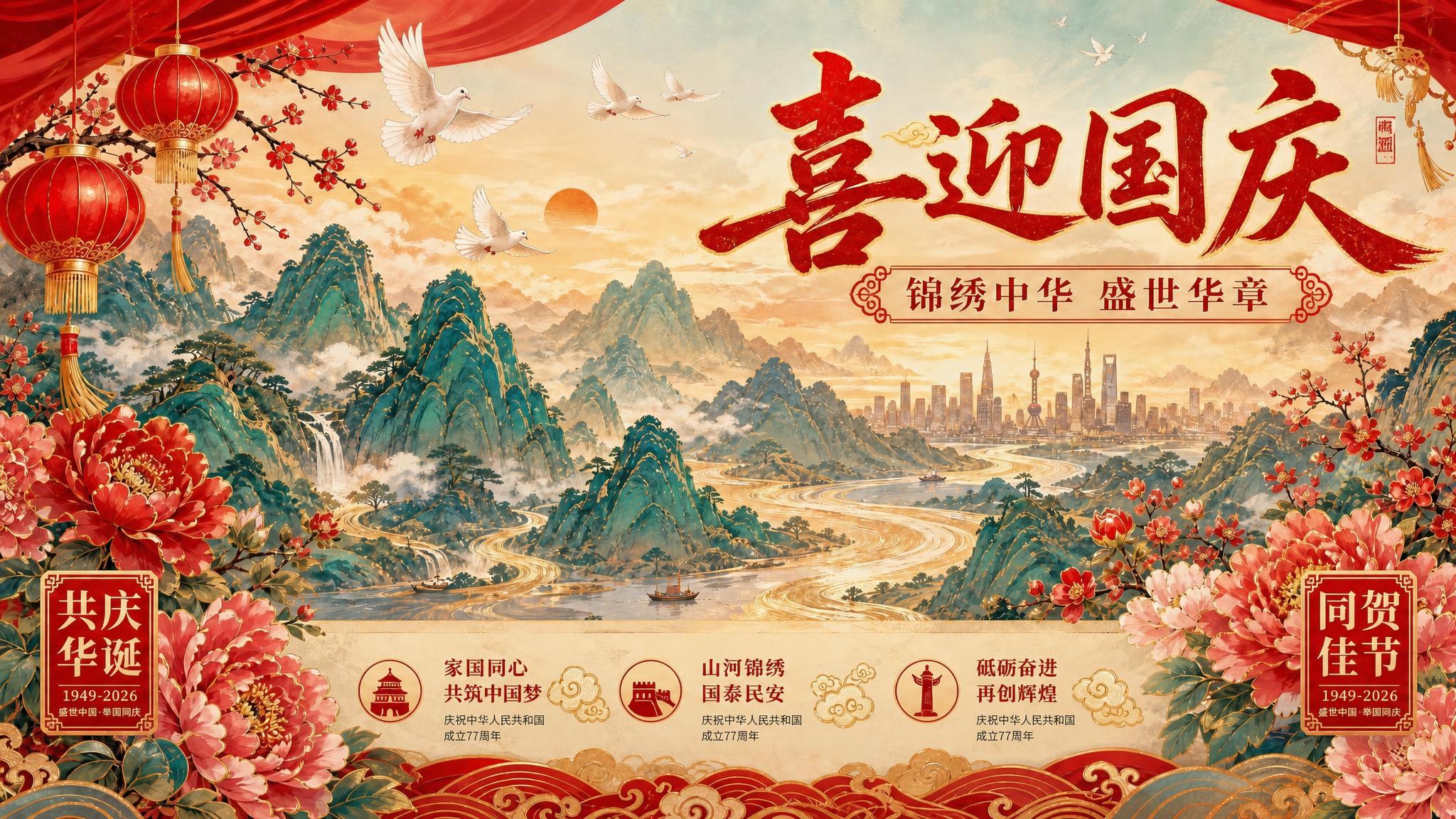 基于这张国庆海报进行修改：1. 去掉底部三个红色的二维码占位方… - 图片创意预览