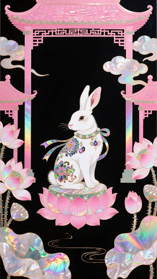 主体为白兔（身绘传统花纹、系飘带） 坐于粉色莲花座上，粉色的中式亭台、祥云、盛开莲花环绕在四周，融合鲜明色彩与民俗元素，奇幻，构图采用中心对称式构图，黑色背景