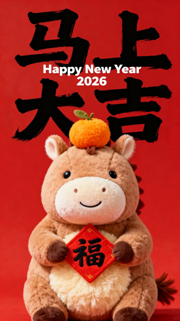 小马半身正面，Q版软萌圆滚滚的浅棕褐配色的拟人毛绒小马公仔（腹部是浅米色毛绒，小豆豆眼微笑），小马头顶一个橘黄色毛茸的桔子，两只手拿着一个福字；红色背景；小马公仔位于画面中下部核心区域占比2/3；画面预览效果