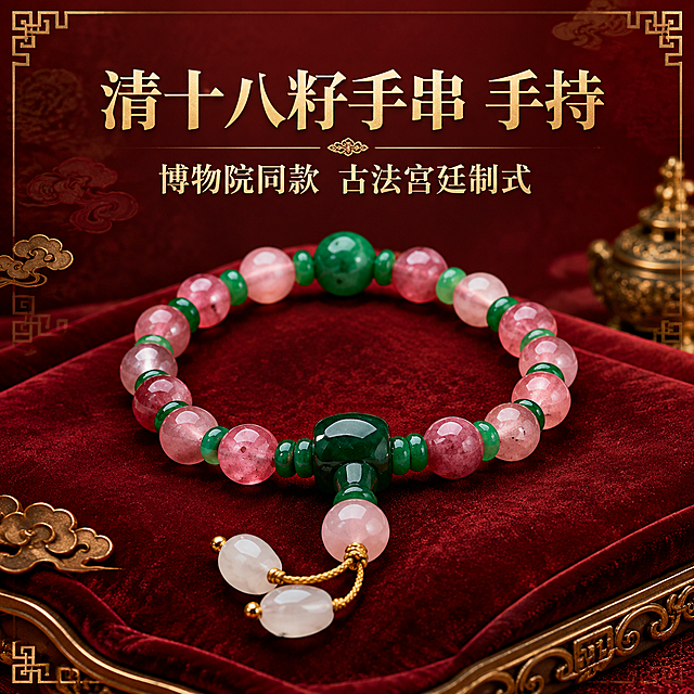 [主图-1] 主题：清十八籽手串手持首图，宫廷珠宝感高端国风展示。唯一任务：以深红鎏金宫廷珠宝视觉，完整铺陈十八籽手串，传递博物院同款古法宫廷制式的高端大气身份感。
[统一基调] 中式复古宫廷风，高端优雅端庄；主色深红配鎏金，点缀祖母绿与粉碧玺色；字体统一使用思源宋体，标题字色为鎏金色，副标题字色为浅金色；背景为深红丝绒质感底，隐约有暗纹云纹与描金回纹边框，整体统一宫廷珠宝陈列氛围。
[画面] 十八籽手串完整铺陈在画面中央偏下位置，呈自然圆弧展开，主体占比约65%；手串外观与参考图一致：粉碧玺色圆珠间隔深绿色隔珠，中央一颗较大祖母绿色主珠，下方绿色佛头配粉色圆珠及两颗白色水滴形玉坠，金色隔片与绳结细节清晰。手串下方铺深红色丝绒垫，周围散落极少量金色祥云纹、回纹角花等宫廷元素做点缀，不抢主体。画面上方留白放置主副标题。
[光影质感] 商业珠宝摄影质感，柔光箱主光从左上45度打下，珠子表面有柔和高光与通透感，金色隔片有细腻金属反光；底部有轻微接触阴影，手串稳稳落在丝绒垫上，无悬浮感；整体光感温润华贵，暗部有细节，不过曝。
[配色] 主背景深红丝绒色，文字鎏金色与浅金色，产品保留粉绿白原有配色，金色点缀统一宫廷感。
[文字版式] 思源宋体；主标题「清十八籽手串 手持」字号最大，加粗，鎏金色，位于画面上方居中；副标题「博物院同款 古法宫廷制式」字号约为主标题50%，浅金色，在主标题正下方，两行排列；文字不遮挡手串主体，放在上方负空间。
[输出要求] 1440x1440 正方形 1:1；产品清晰不变形，文字清晰可读；负向：珠子变形、错字、模糊、杂乱背景、水印、平台Logo、塑料感高光、手指畸形、人物面部。