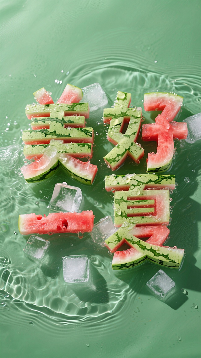 “美好一夏”字使西瓜材质，字体表面覆冰块和水质感的纹理，纯绿色背景