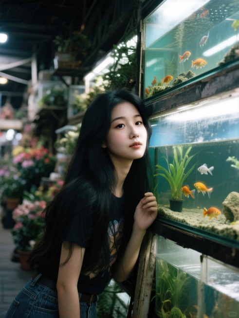 千禧年少女穿搭。暗调的老式花鸟市场，靠在巨型鱼缸边。预览效果