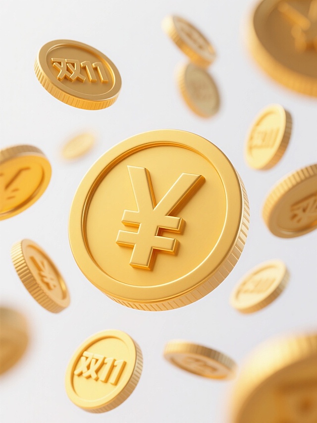 3D立体风格金币，以明亮的金黄色为主色调，带有细腻的金属光泽和渐变过渡，中心金币上有凸起的“¥”符号，周围环绕着多枚大小不一、处于不同旋转和悬浮状态的金币，部分金币边缘有轻微的动态模糊效果以表现运动感，整体构图呈现放射状分布，悬浮于纯白色纯色背景之上，金币表面有清晰的浮雕纹理和高光反射，光影效果柔和自然，画面中包含带有“双11”字样的金币，保持整体3D立体设计风格和金属质感，无任何文字、logo、水印及其他装饰元素。