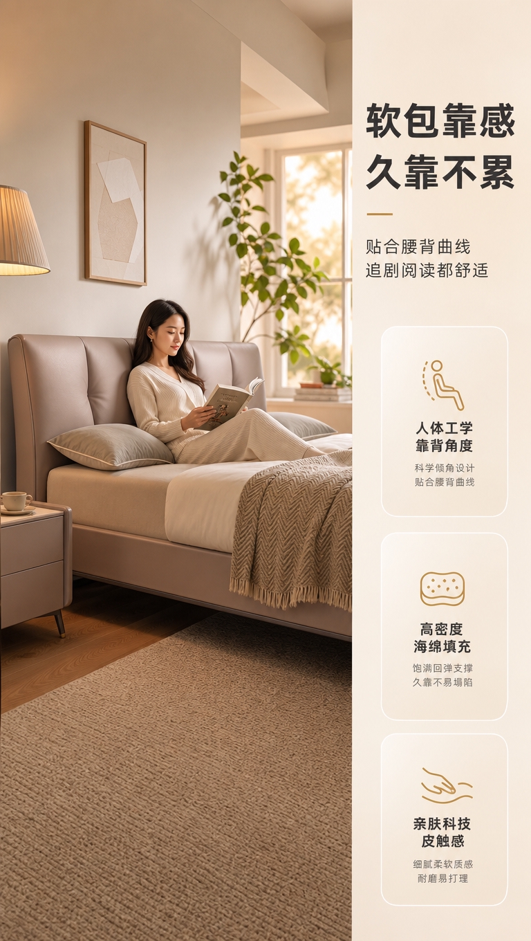 [商品] 使用【图1】意式轻奢高脚齐边皮艺床；保留床头软包造型… - 图片创意预览