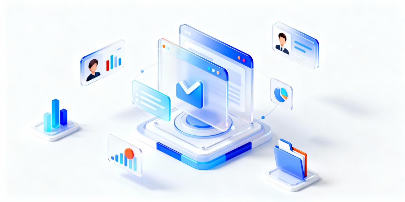 中心突出展示抽象的应用系统核心模块，周围漂浮人物头像、柱状图表、文件夹等科技风格立体图标点缀，3D渲染，磨砂玻璃质感，有透明感和光泽感，浅蓝色白色渐变配色，搭配少量相似色和点睛色做点缀，严肃活泼，空间预览效果