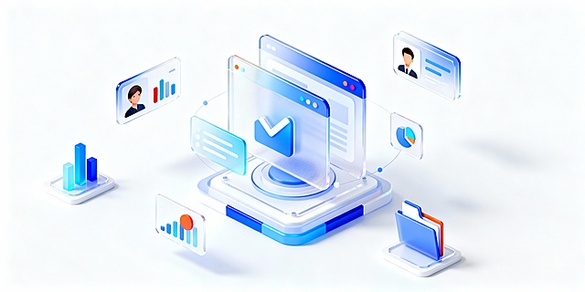 中心突出展示抽象的应用系统核心模块，周围漂浮人物头像、柱状图表、文件夹等科技风格立体图标点缀，3D渲染，磨砂玻璃质感，有透明感和光泽感，浅蓝色白色渐变配色，搭配少量相似色和点睛色做点缀，严肃活泼，空间感，弥散阴影，主体突出，中心构图，黄金分割，结构合理，逻辑清晰，无杂乱元素，简洁现代的设计语言和统一的视觉权重，整体呈现科技感与专业性，等轴侧视角，色彩明亮活泼，无文字，纯白色背景，生成三张供选择