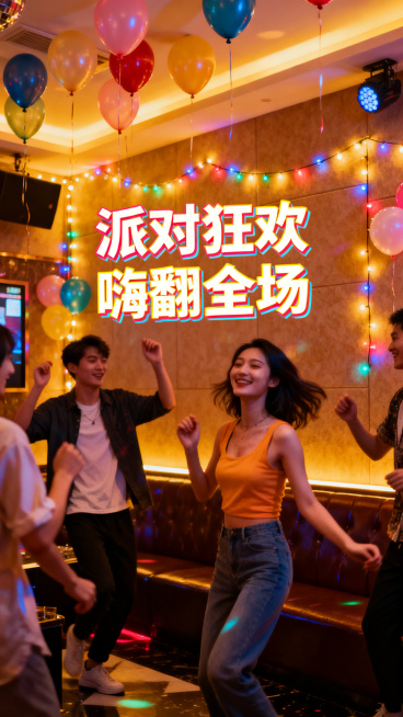 西安KTV派对包间，布置着气球彩灯，人们在跳舞玩乐，搭配“派对狂欢”“嗨翻全场”文字，无商业信息预览效果