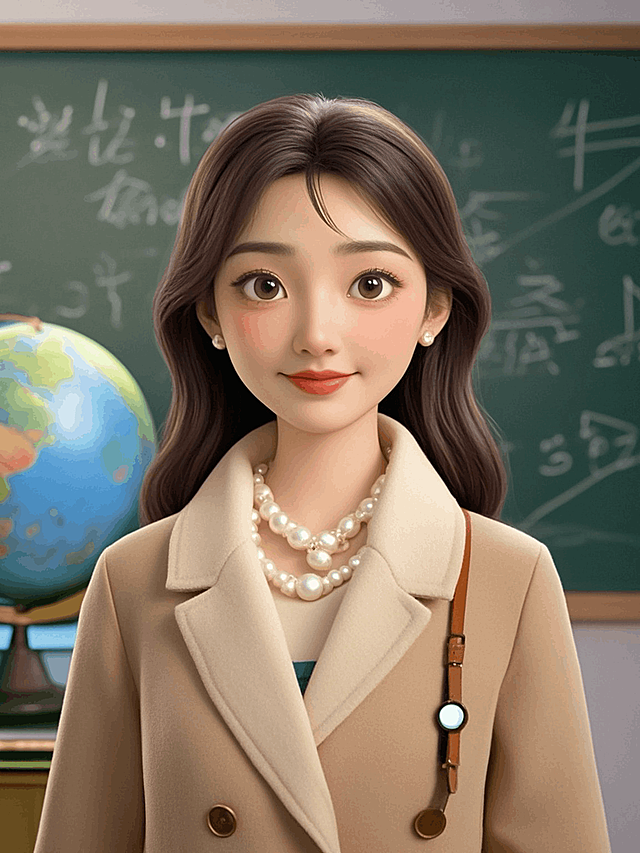 迪士尼风格，3D角色，一名20多岁的中国女教师，五官精致，背景有地球仪，黑板